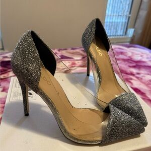 ALDO Glittery Silver Heels with Clear Panels